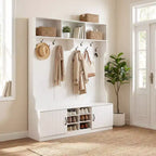 Porte-manteau Costway 3-en-1/6-en-1 avec banc de rangement, étagères réglables, patères et casiers à chaussures, Blanc