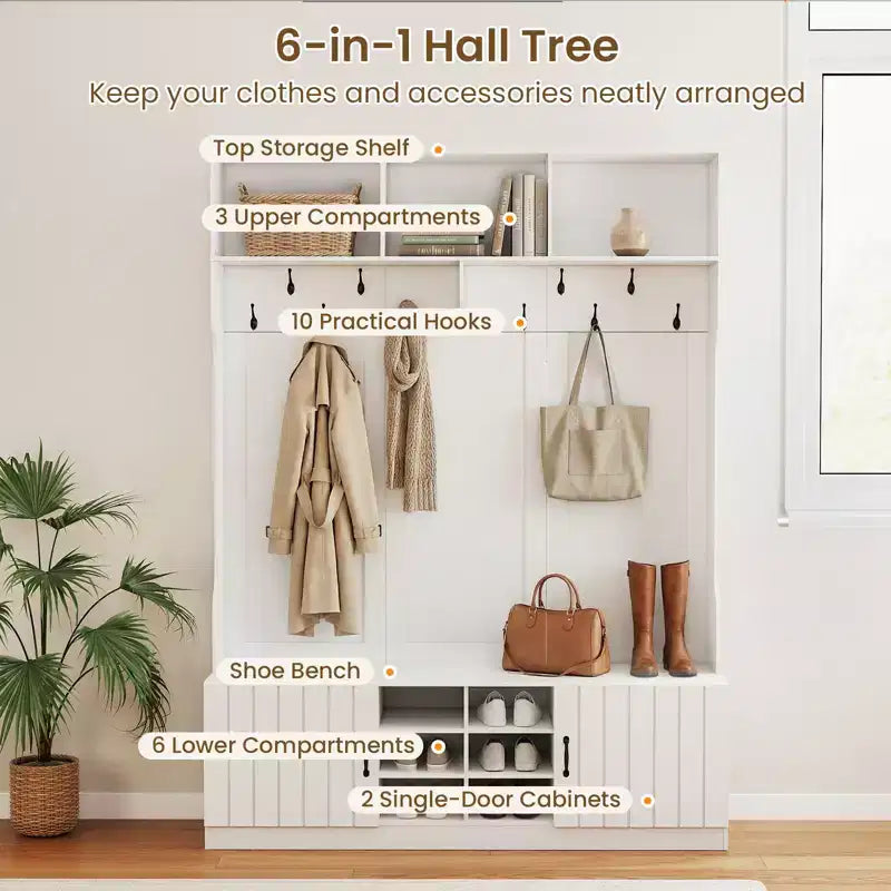 Porte-manteau Costway 3-en-1/6-en-1 avec banc de rangement, étagères réglables, patères et casiers à chaussures, Blanc