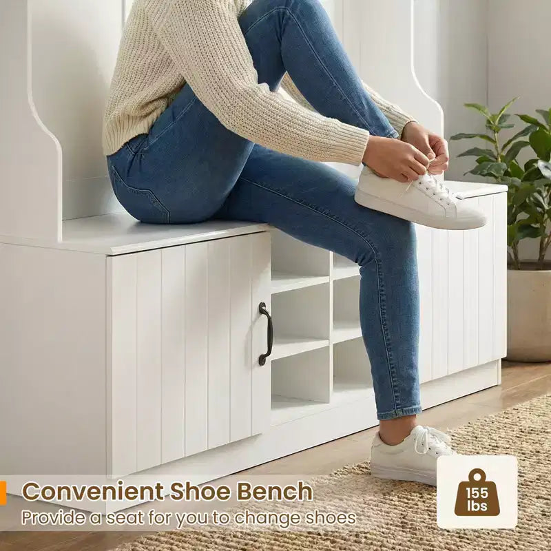 Porte-manteau Costway 3-en-1/6-en-1 avec banc de rangement, étagères réglables, patères et casiers à chaussures, Blanc
