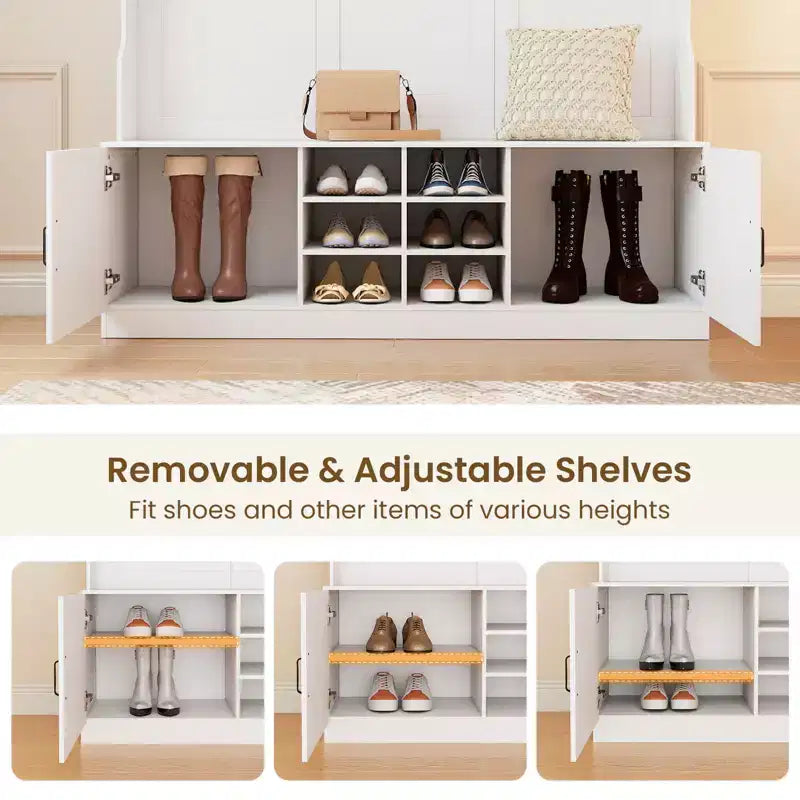 Porte-manteau Costway 3-en-1/6-en-1 avec banc de rangement, étagères réglables, patères et casiers à chaussures, Blanc