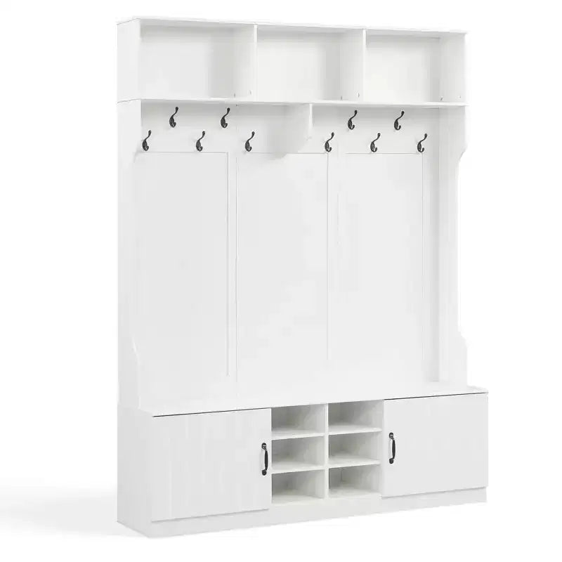 Porte-manteau Costway 3-en-1/6-en-1 avec banc de rangement, étagères réglables, patères et casiers à chaussures, Blanc
