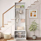 Porte-manteau Costway 3-en-1/6-en-1 avec banc de rangement, étagères réglables, patères et casiers à chaussures, Blanc