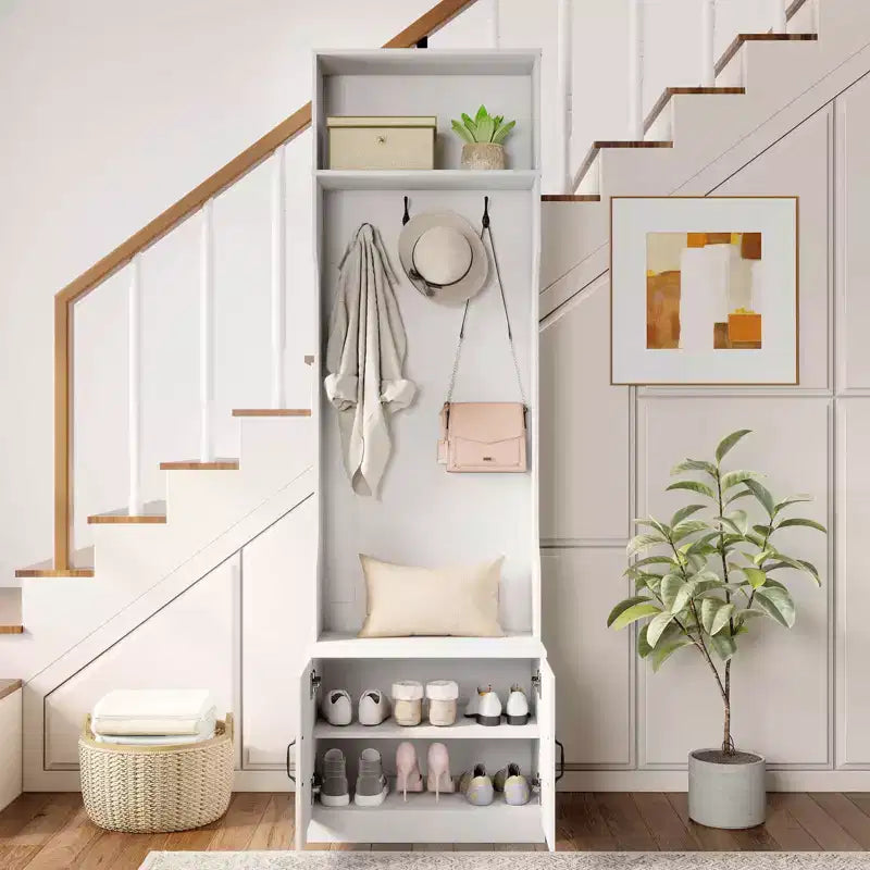 Porte-manteau Costway 3-en-1/6-en-1 avec banc de rangement, étagères réglables, patères et casiers à chaussures, Blanc