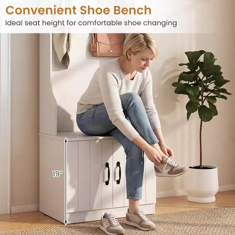 Porte-manteau Costway 3-en-1/6-en-1 avec banc de rangement, étagères réglables, patères et casiers à chaussures, Blanc