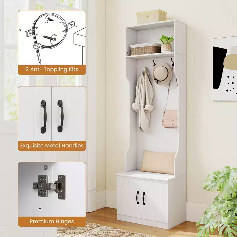 Porte-manteau Costway 3-en-1/6-en-1 avec banc de rangement, étagères réglables, patères et casiers à chaussures, Blanc