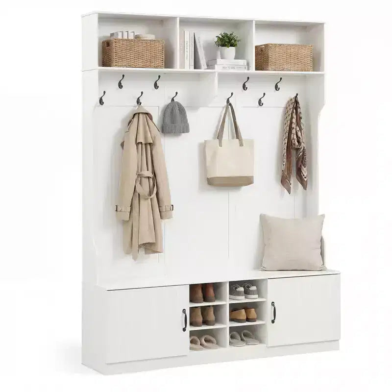 Porte-manteau Costway 3-en-1/6-en-1 avec banc de rangement, étagères réglables, patères et casiers à chaussures, Blanc
