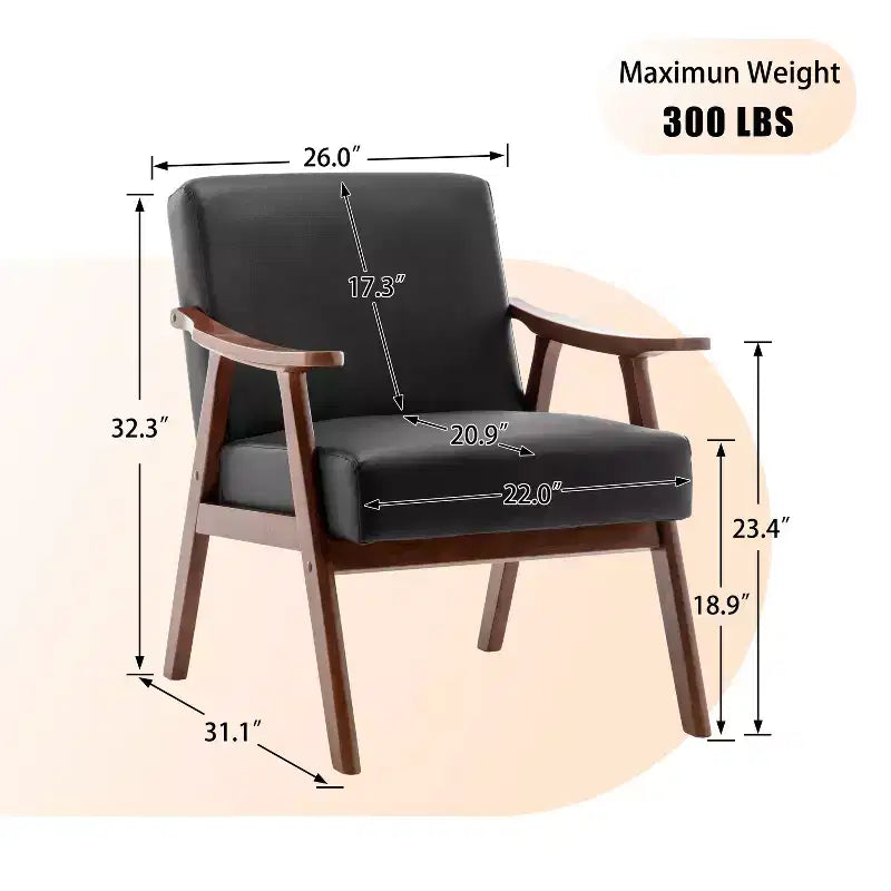 Fauteuil d'appoint Mid-Century, fauteuil de salon en bois massif avec dossier extra-épais, fauteuils à oreilles