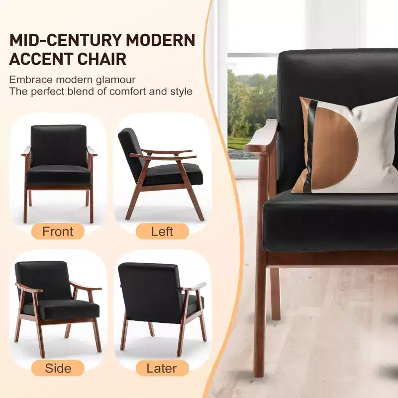 Fauteuil d'appoint Mid-Century, fauteuil de salon en bois massif avec dossier extra-épais, fauteuils à oreilles