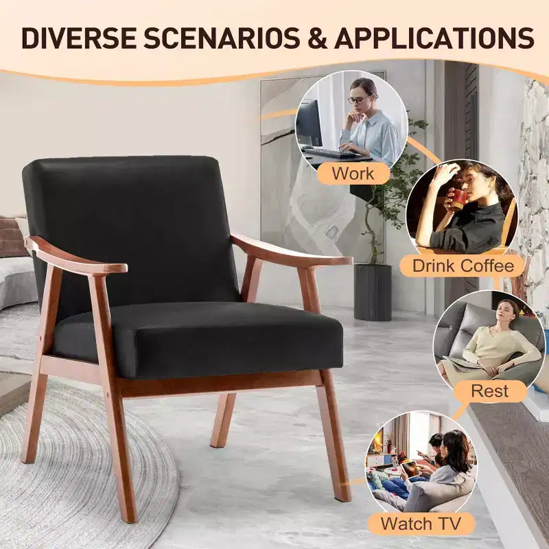 Fauteuil d'appoint Mid-Century, fauteuil de salon en bois massif avec dossier extra-épais, fauteuils à oreilles