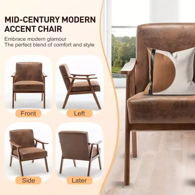 Fauteuil d'appoint Mid-Century, fauteuil de salon en bois massif avec dossier extra-épais, fauteuils à oreilles