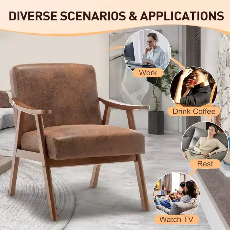 Fauteuil d'appoint Mid-Century, fauteuil de salon en bois massif avec dossier extra-épais, fauteuils à oreilles