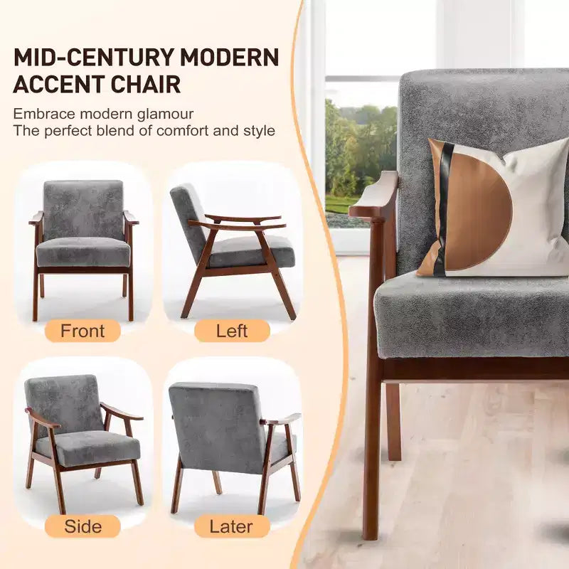 Fauteuil d'appoint Mid-Century, fauteuil de salon en bois massif avec dossier extra-épais, fauteuils à oreilles