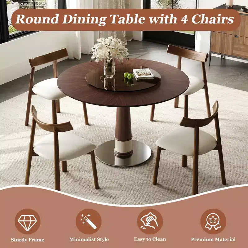 Ensemble de salle à manger rond 5 pièces Torres de GDFStudio en bois massif avec plateau tournant en verre trempé et 4 chaises