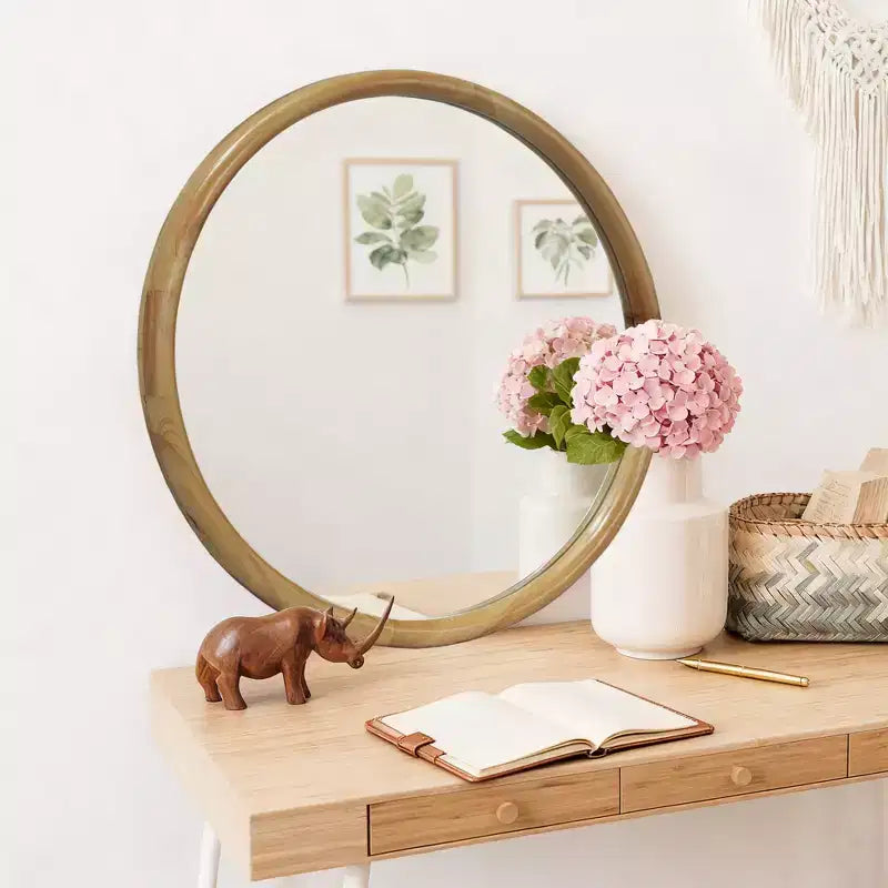 GDFStudio Elowen Mid-Century Modern Round Wood Framed Wall Decorative Mirror