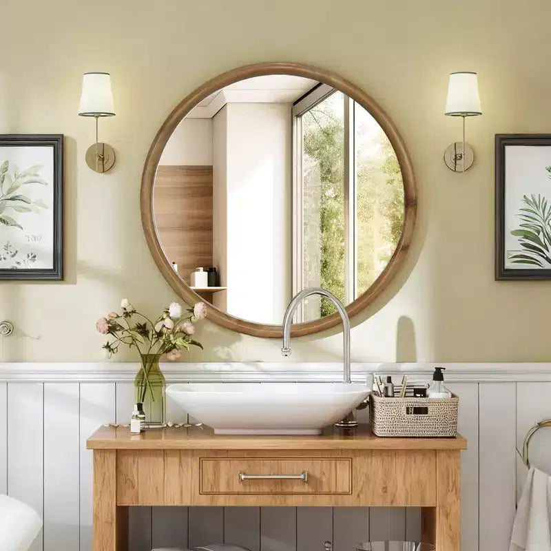 GDFStudio Elowen Miroir décoratif mural rond encadré en bois, style moderne du milieu du siècle