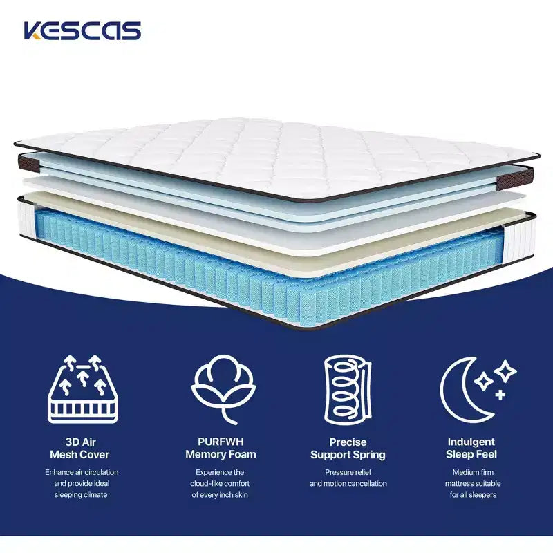 Matelas hybride Kescas Euro Top 8 à ressorts ensachés individuellement - Compatible avec sommier plateforme, sommier tapissier ou base à lattes