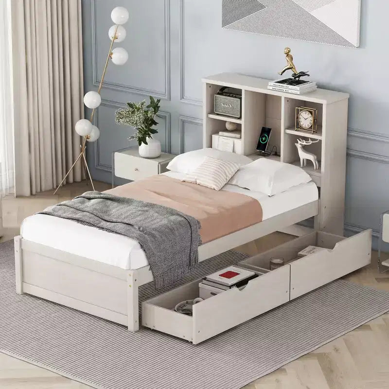 Twin Size Bed Frame with Bookcase Headboard, USB Port and 2 Drawers, Modern Storage Bed, White Washed