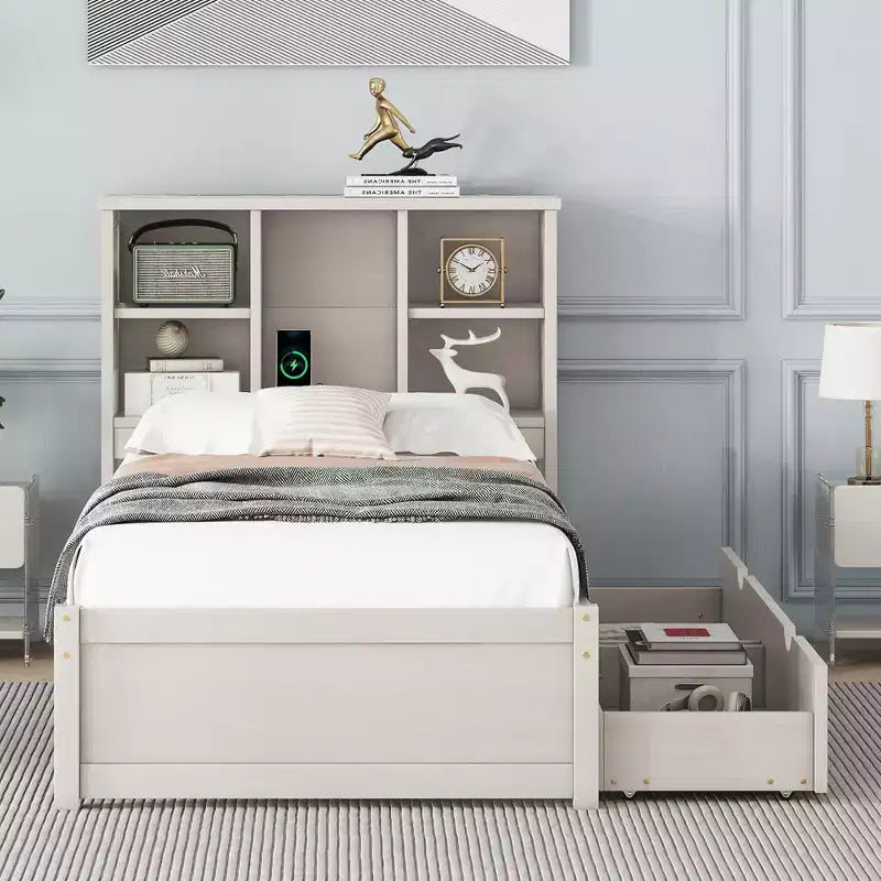 Cadre de lit double avec tête de lit bibliothèque, port USB et 2 tiroirs, lit de rangement moderne, finition blanc lavé