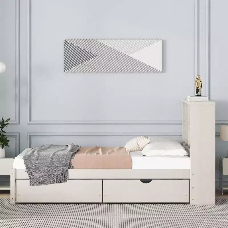 Cadre de lit double avec tête de lit bibliothèque, port USB et 2 tiroirs, lit de rangement moderne, finition blanc lavé
