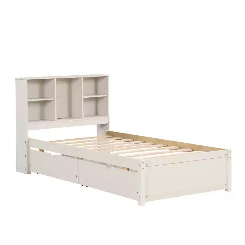 Cadre de lit double avec tête de lit bibliothèque, port USB et 2 tiroirs, lit de rangement moderne, finition blanc lavé