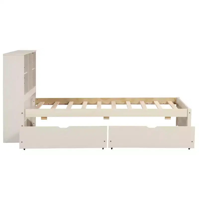 Cadre de lit double avec tête de lit bibliothèque, port USB et 2 tiroirs, lit de rangement moderne, finition blanc lavé