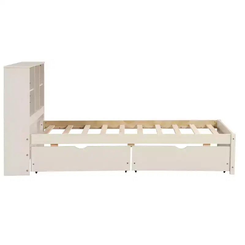 Cadre de lit double avec tête de lit bibliothèque, port USB et 2 tiroirs, lit de rangement moderne, finition blanc lavé