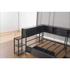 Cadre de lit d'angle double avec bibliothèque, 2 tiroirs, lumière LED et station de charge, agencement réversible, noir