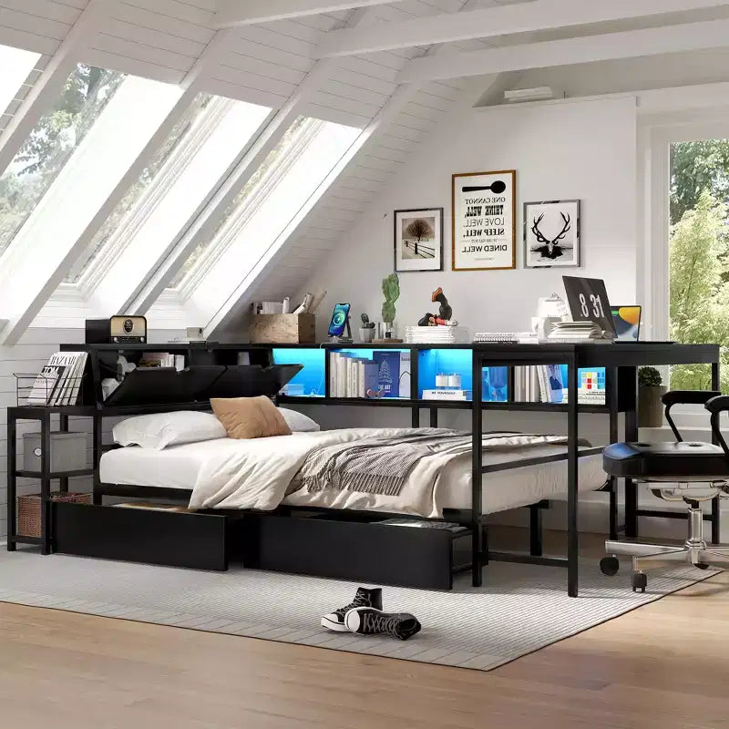 Cadre de lit d'angle double avec bibliothèque, 2 tiroirs, lumière LED et station de charge, agencement réversible, noir