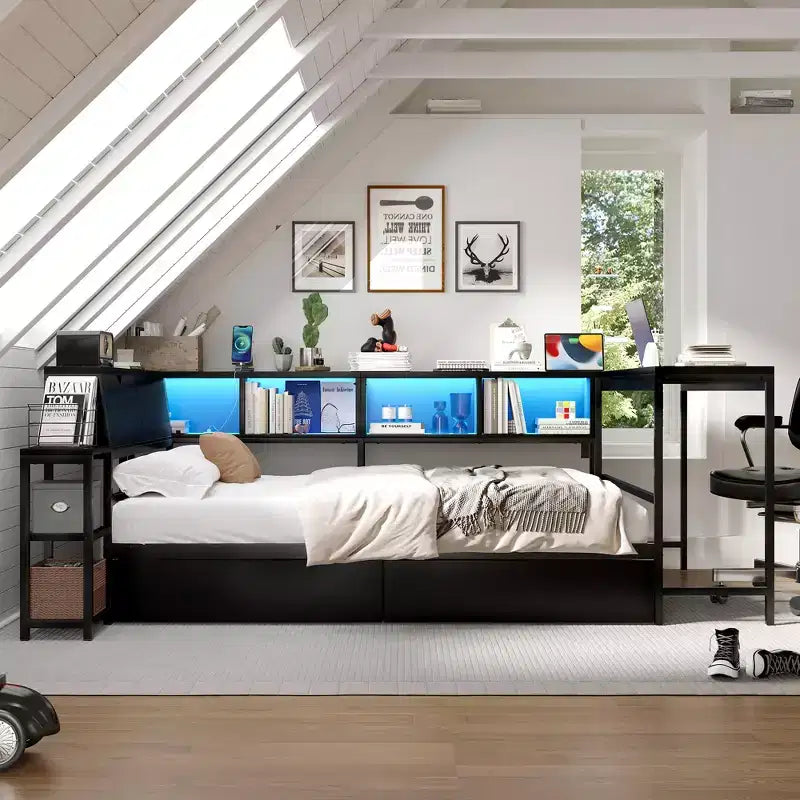 Cadre de lit d'angle double avec bibliothèque, 2 tiroirs, lumière LED et station de charge, agencement réversible, noir