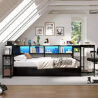 Cadre de lit d'angle double avec bibliothèque, 2 tiroirs, lumière LED et station de charge, agencement réversible, noir