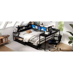 Cadre de lit d'angle double avec bibliothèque, 2 tiroirs, lumière LED et station de charge, agencement réversible, noir