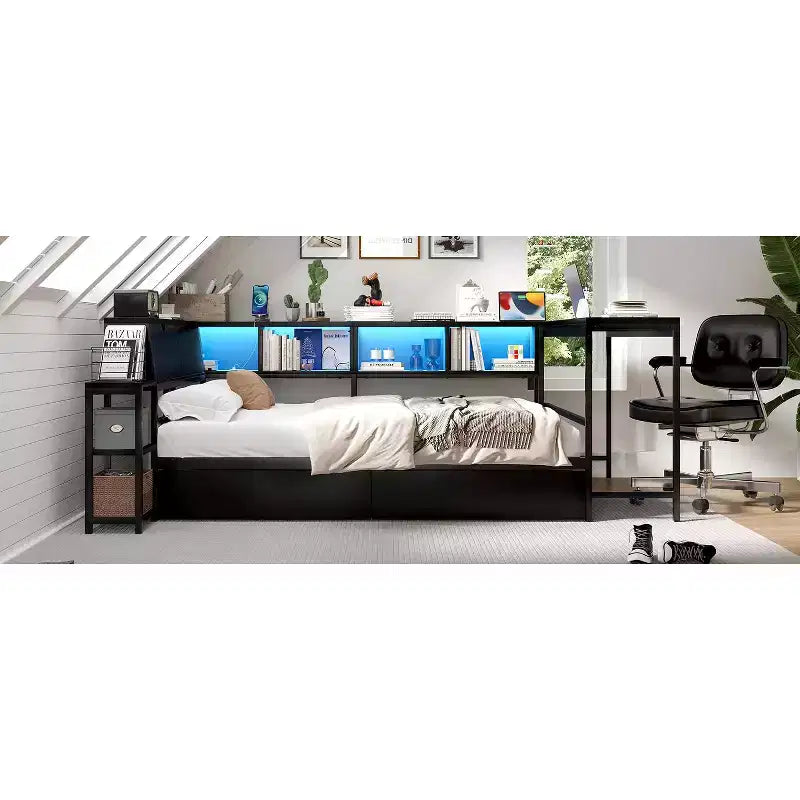 Cadre de lit d'angle double avec bibliothèque, 2 tiroirs, lumière LED et station de charge, agencement réversible, noir