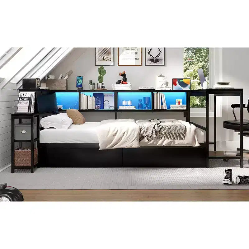 Cadre de lit d'angle double avec bibliothèque, 2 tiroirs, lumière LED et station de charge, agencement réversible, noir