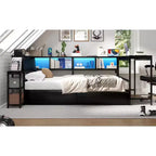 Cadre de lit d'angle double avec bibliothèque, 2 tiroirs, lumière LED et station de charge, agencement réversible, noir