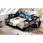 Cadre de lit d'angle double avec bibliothèque, 2 tiroirs, lumière LED et station de charge, agencement réversible, noir
