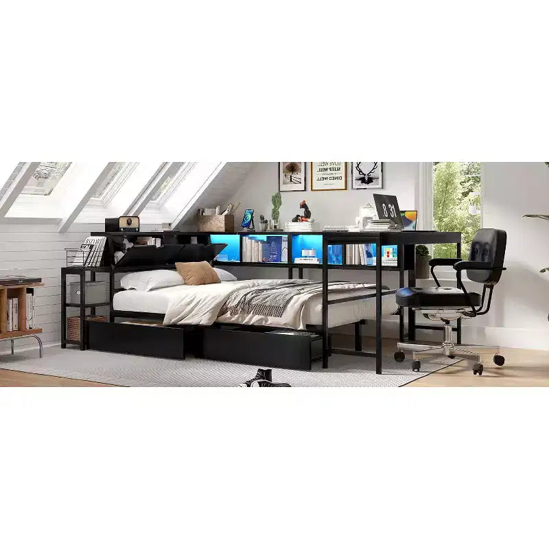 Cadre de lit d'angle double avec bibliothèque, 2 tiroirs, lumière LED et station de charge, agencement réversible, noir