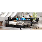 Cadre de lit d'angle double avec bibliothèque, 2 tiroirs, lumière LED et station de charge, agencement réversible, noir