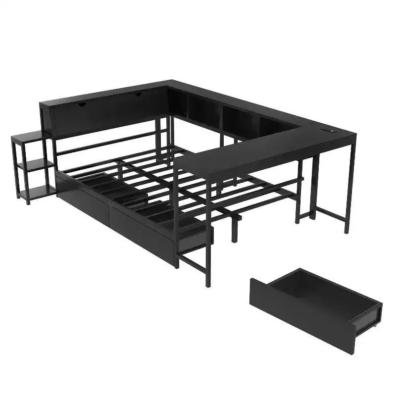 Cadre de lit d'angle double avec bibliothèque, 2 tiroirs, lumière LED et station de charge, agencement réversible, noir
