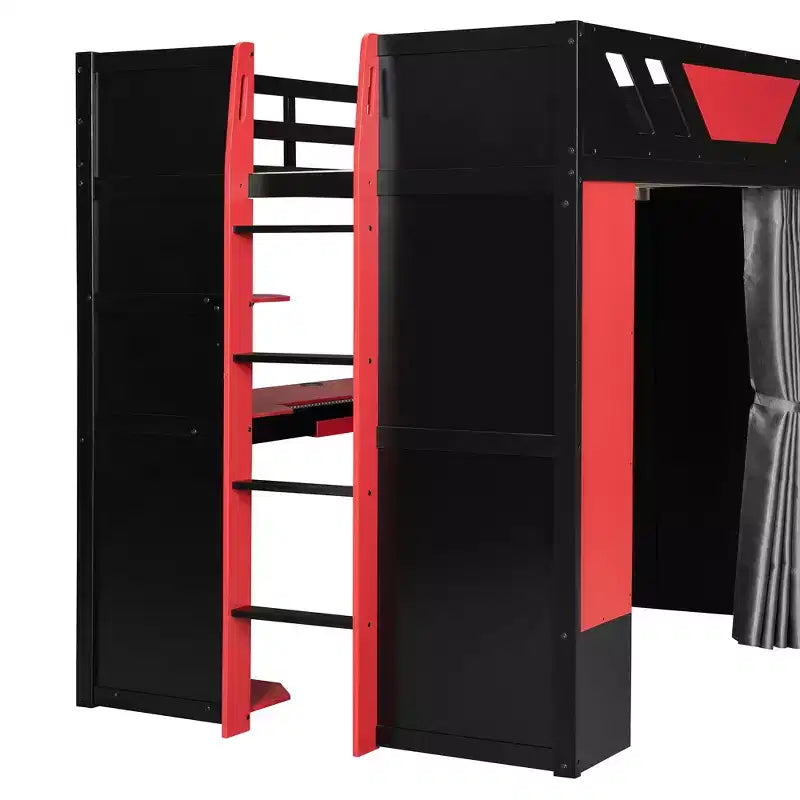 Lit mezzanine complet Luxystar avec bureau d'ordinateur éclairé, tablette de clavier, étagères de rangement et rideau occultant