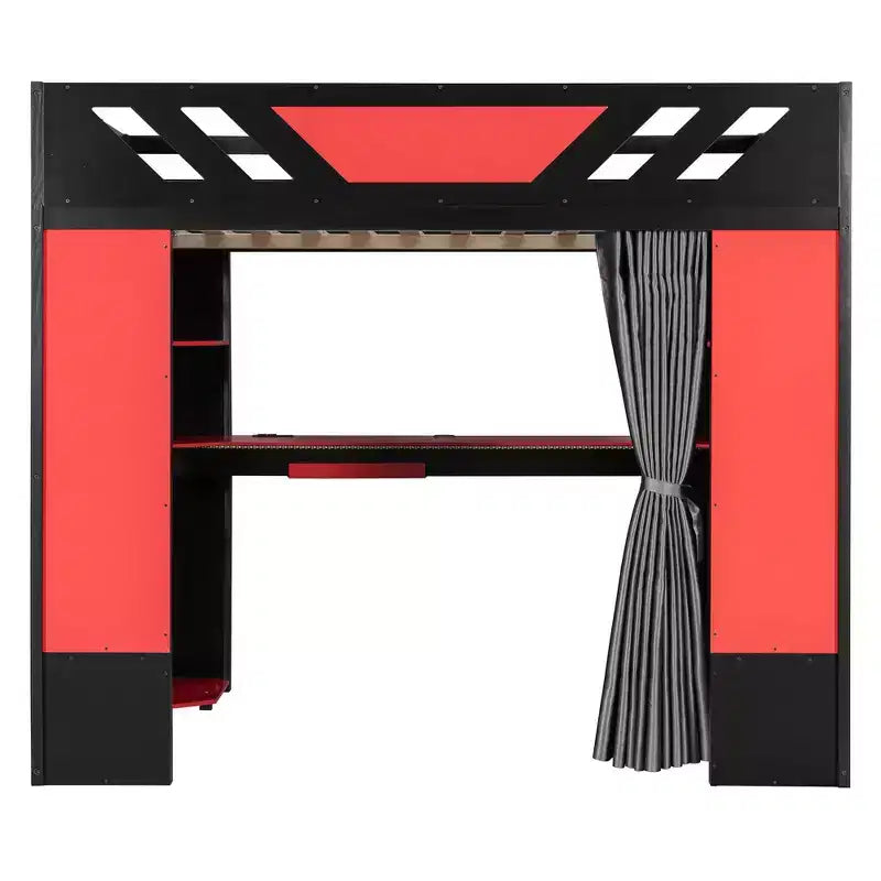 Lit mezzanine complet Luxystar avec bureau d'ordinateur éclairé, tablette de clavier, étagères de rangement et rideau occultant