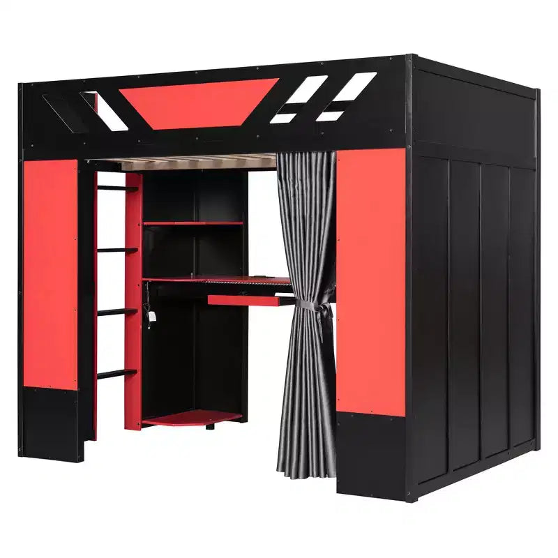 Lit mezzanine complet Luxystar avec bureau d'ordinateur éclairé, tablette de clavier, étagères de rangement et rideau occultant