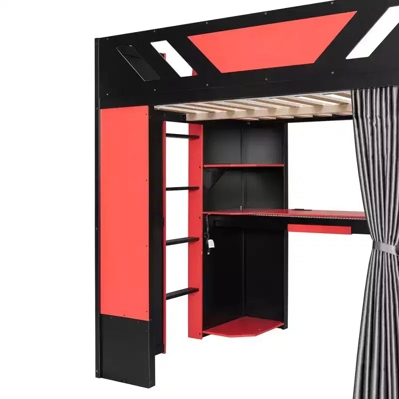 Lit mezzanine complet Luxystar avec bureau d'ordinateur éclairé, tablette de clavier, étagères de rangement et rideau occultant