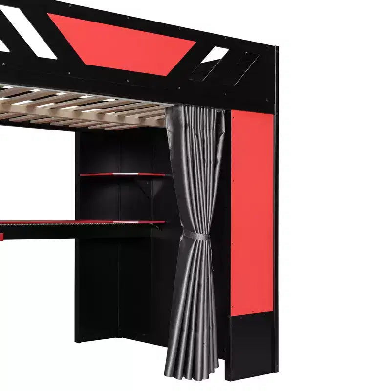 Lit mezzanine complet Luxystar avec bureau d'ordinateur éclairé, tablette de clavier, étagères de rangement et rideau occultant