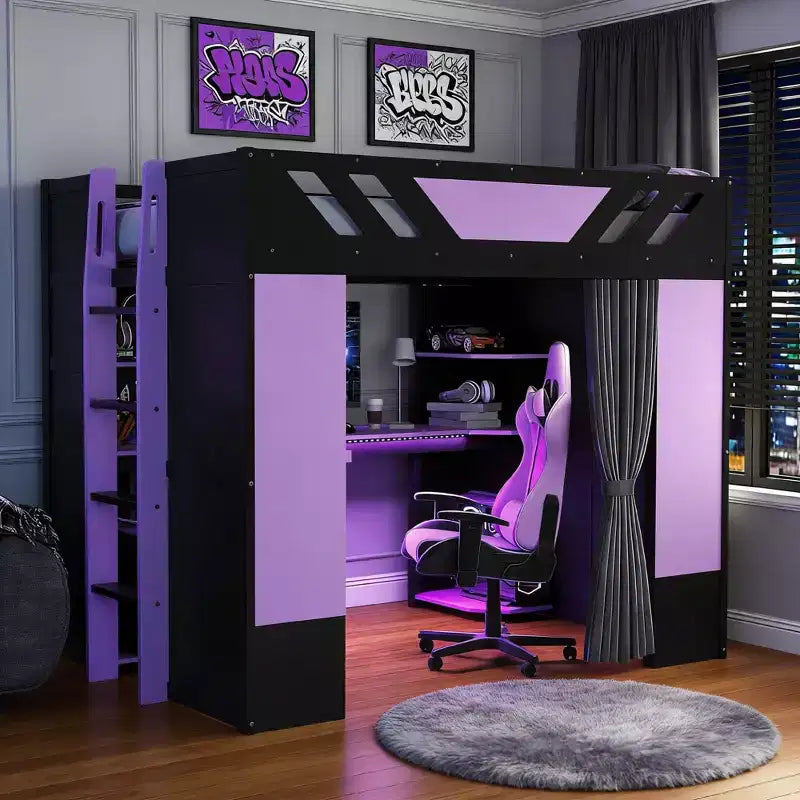 Lit mezzanine complet Luxystar avec bureau d'ordinateur éclairé, tablette de clavier, étagères de rangement et rideau occultant