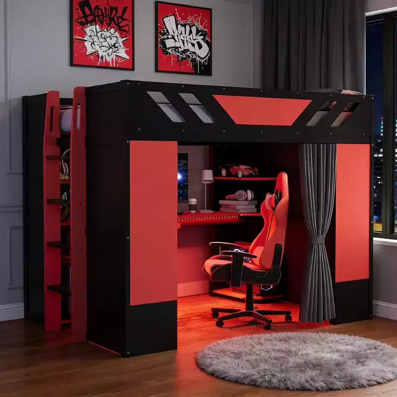 Lit mezzanine complet Luxystar avec bureau d'ordinateur éclairé, tablette de clavier, étagères de rangement et rideau occultant