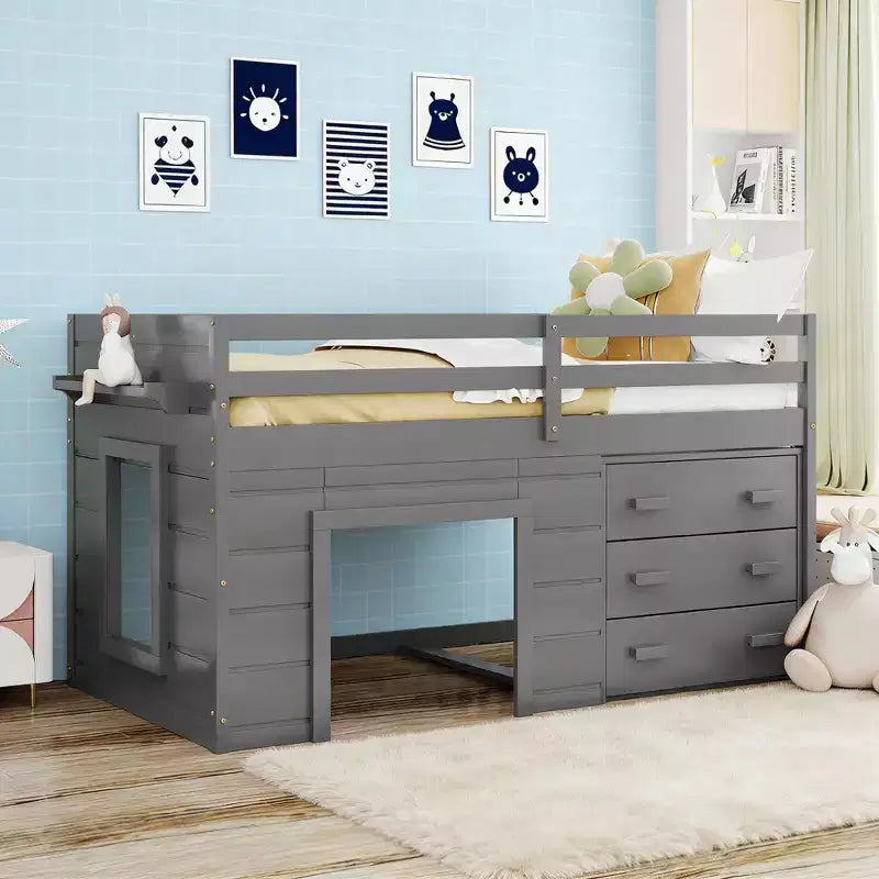 Cadre de lit mezzanine simple en bois Luxystar avec 3 tiroirs et une étagère