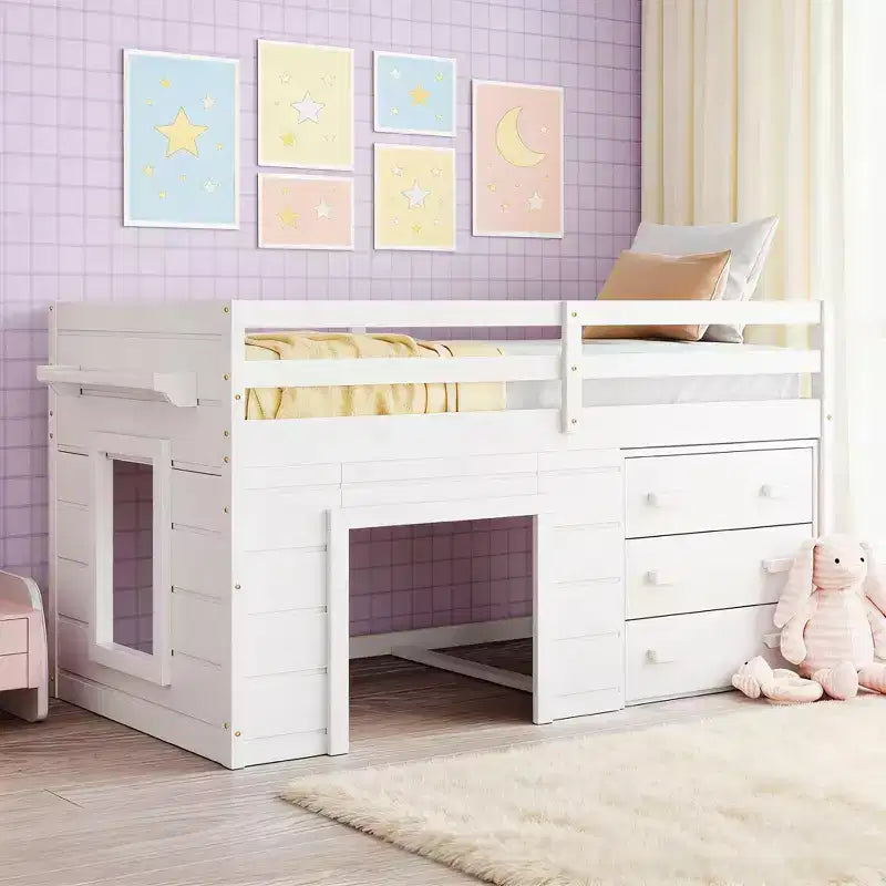 Cadre de lit mezzanine simple en bois Luxystar avec 3 tiroirs et une étagère