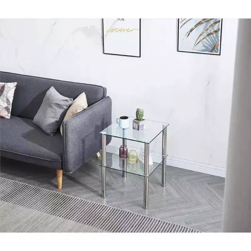 Lot de 2 tables d'appoint en verre transparent, tables de chevet modernes à 2 niveaux avec étagère de rangement pour salon et chambre à coucher