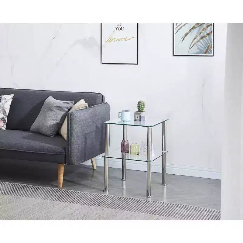 Lot de 2 tables d'appoint en verre transparent, tables de chevet modernes à 2 niveaux avec étagère de rangement pour salon et chambre à coucher