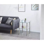 Lot de 2 tables d'appoint en verre transparent, tables de chevet modernes à 2 niveaux avec étagère de rangement pour salon et chambre à coucher